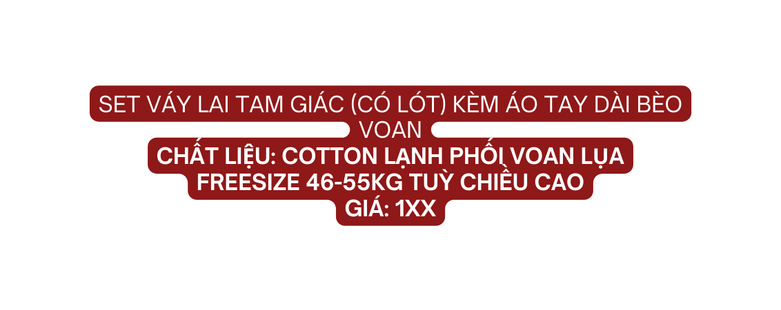 set váy lai tam giác có lót kèm áo tay dài bèo voan Chất liệu cotton lạnh phối voan lụa Freesize 46 55kg tuỳ chiều cao giá 1xx